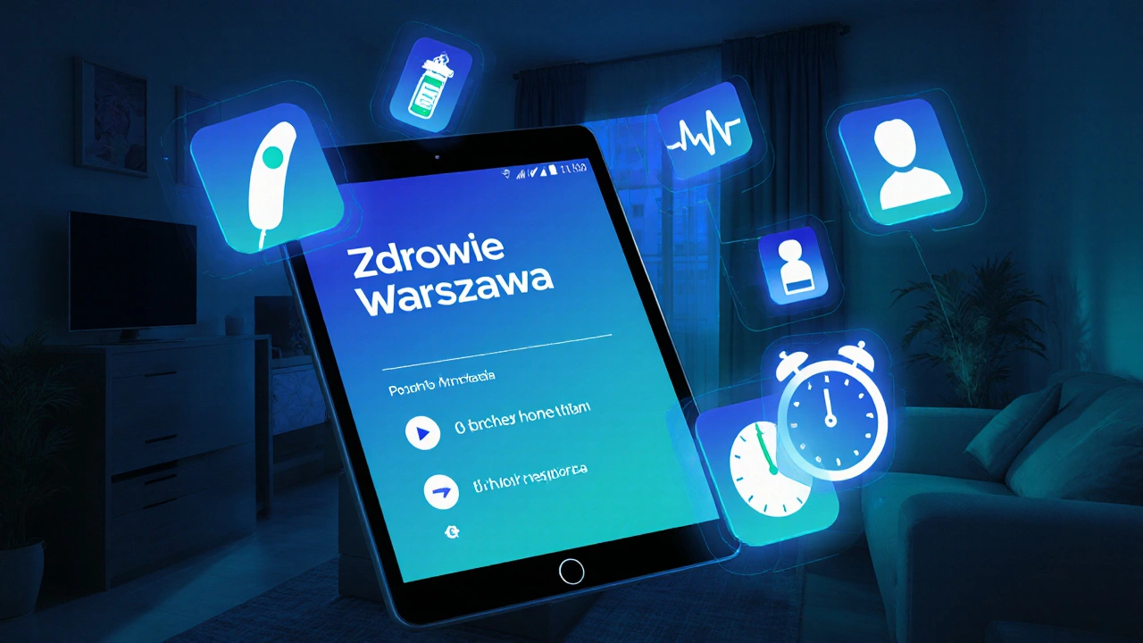 Cyfrowy interfejs pokazuje aplikację do zlecania wizyt domowych z ikonami usług medycznych w domowym wnętrzu.