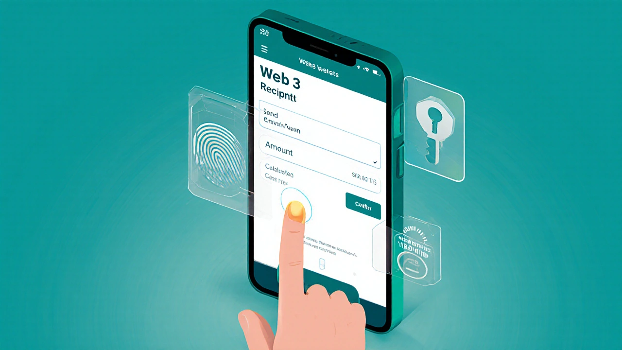 Ekran smartfona z aplikacją portfela Web3, wprowadzanie adresu i podpisanie transakcji.