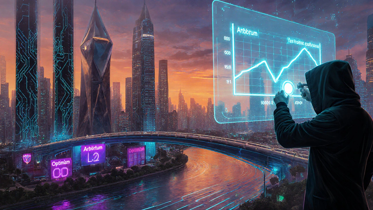 Miasto Ethereum z mostem do warstw L2 i hologramem wykresu gazu.