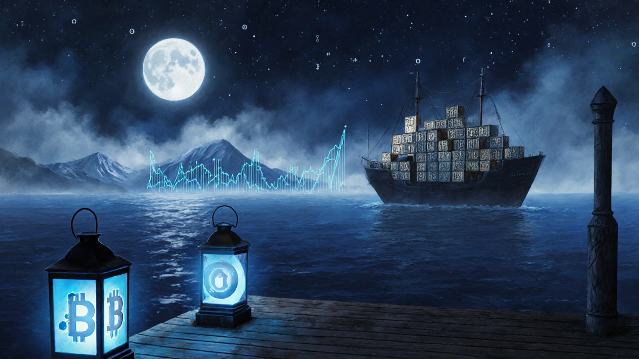 Nocny port z okrętem z bloków blockchain i latarniami stablecoinów.