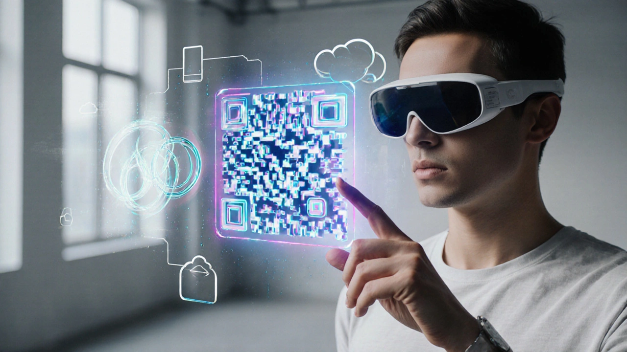 Użytkownik w okularach AR zatwierdza transakcję skanując holograficzny kod QR.
