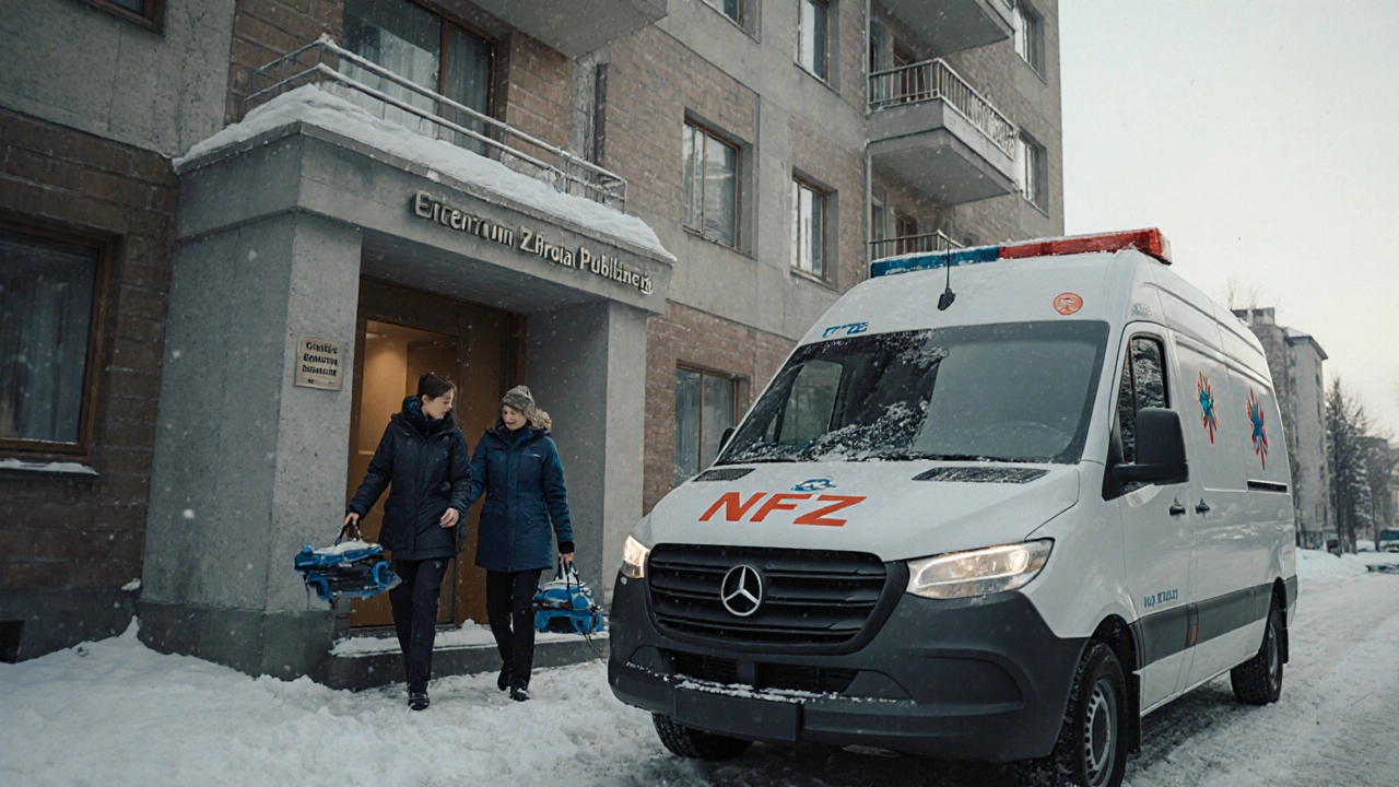 Zespół medyczny wychodzi z samochodu NFZ przed budynkiem w Warszawie, z装备ami do wizyty domowej.