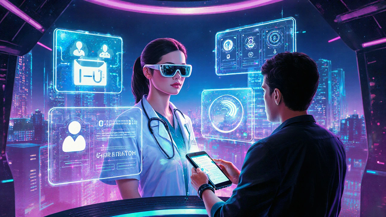 Futurystyczny klinik z holograficznymi panelami generującymi cyfrowe skierowania.