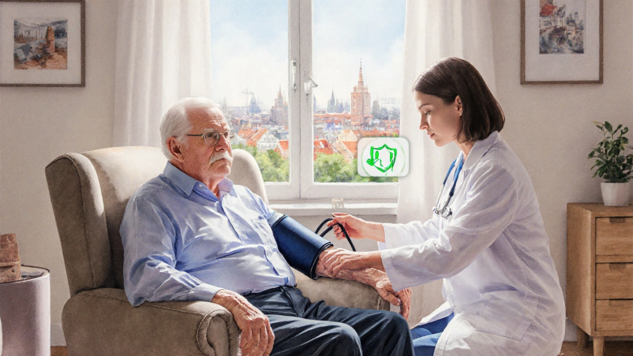 Starsza pacjentka w domowym otoczeniu jest badana przez lekarza, podkreślając komfort i zaufanie.