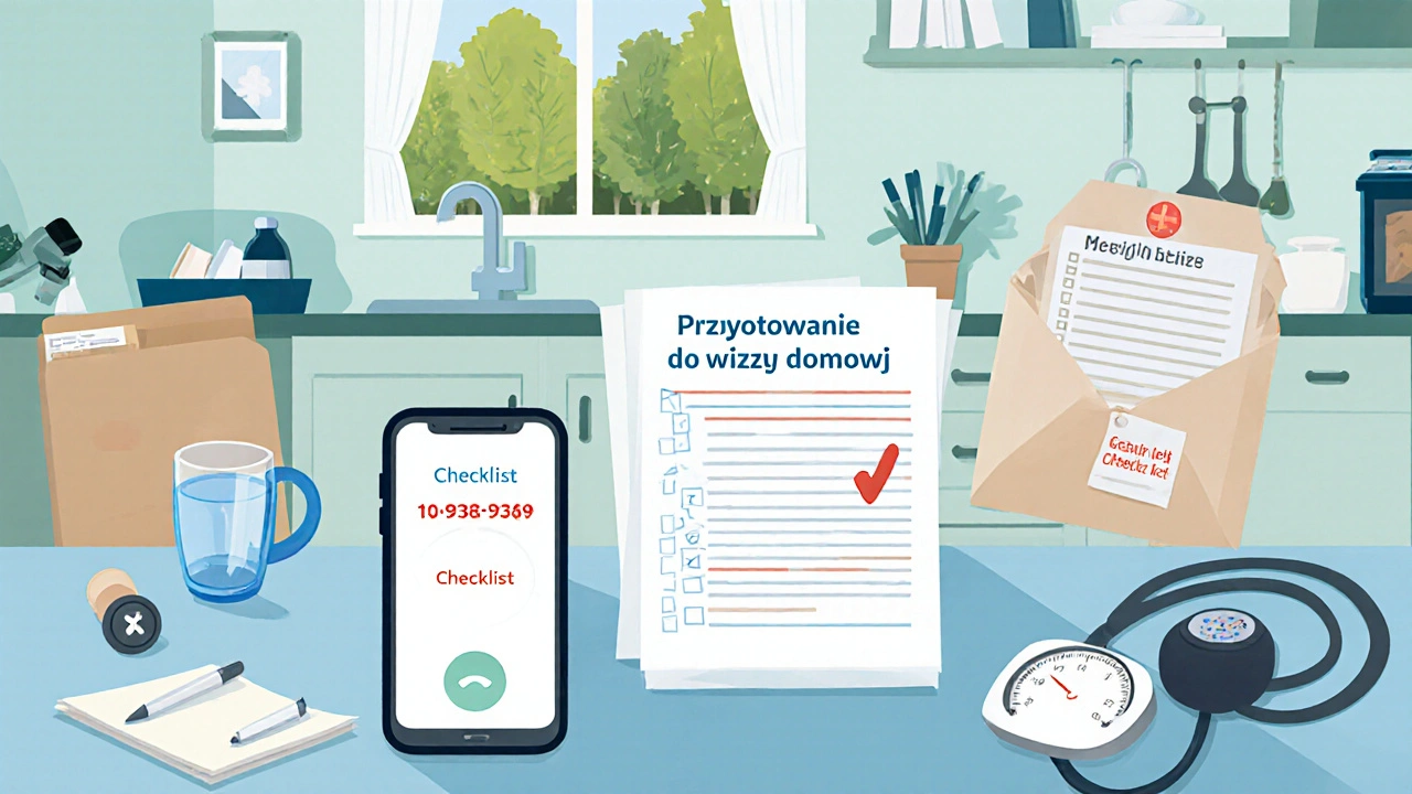 Stół kuchenny z telefonem, listą kontrolną, lekiem i ciśnieniomierzem przygotowany do wizyty domowej.