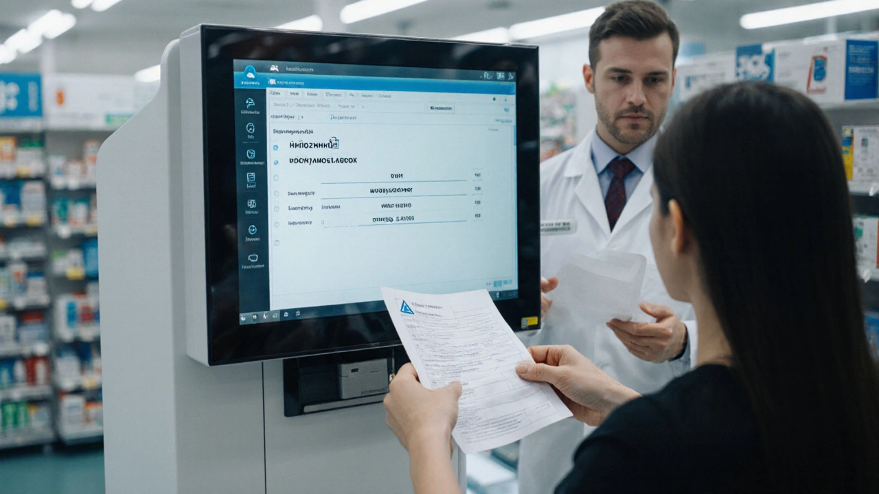 Aptekarz sprawdza receptę na ekranie z ostrzeżeniem o powtórnym wydaniu leku, bez wskazania źródła.