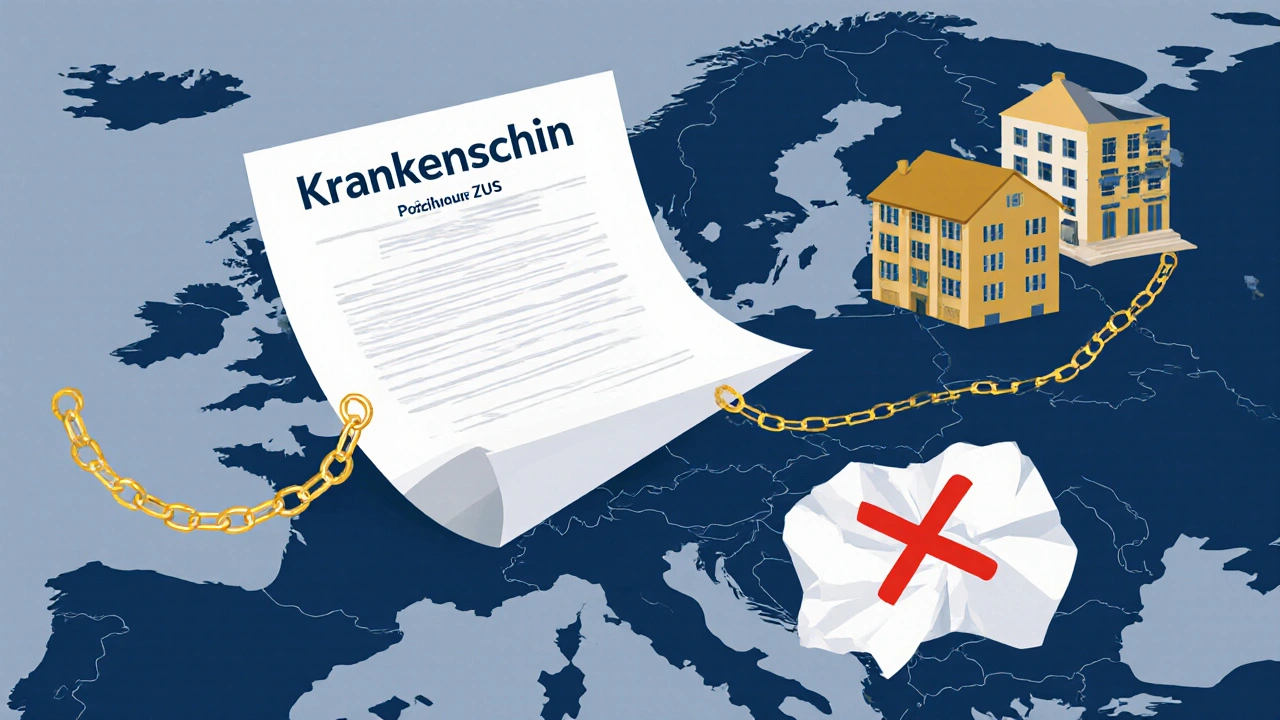 Dokument medyczny z Europy połączony z ZUS-em, symbolizujący prawidłowe uznanie zwolnienia.