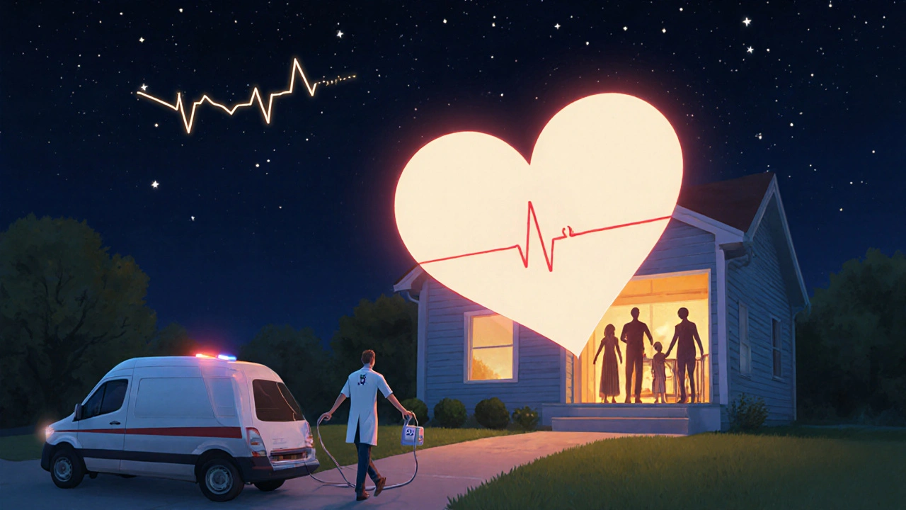 Dom z rozświetlonym sercem w oknie, z kardiologiem wchodzącym w nocy, symbolizujący opiekę zdrowotną na wizycie domowej.