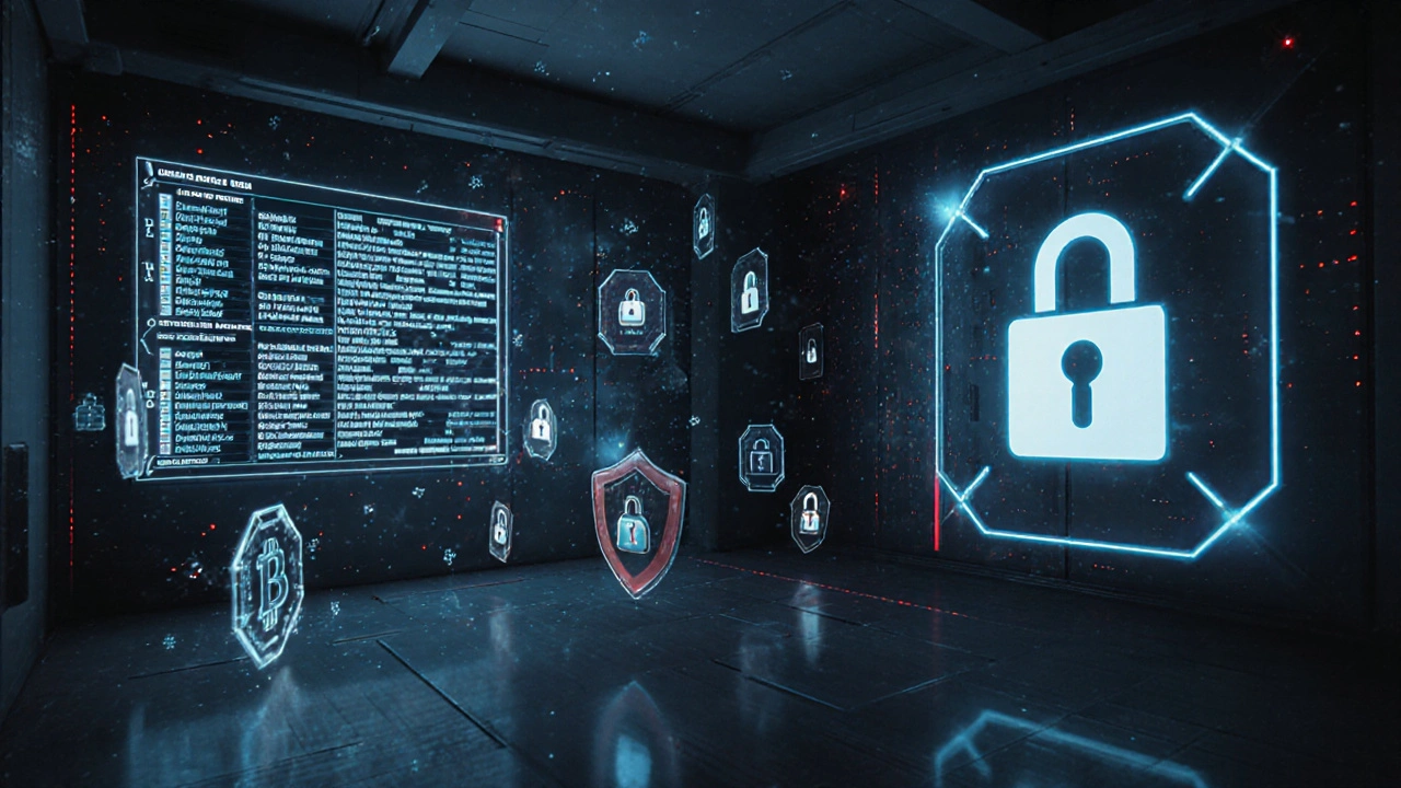 Holograficzne dane medyczne częściowo widoczne, częściowo zaszyfrowane przez ZK-proof.