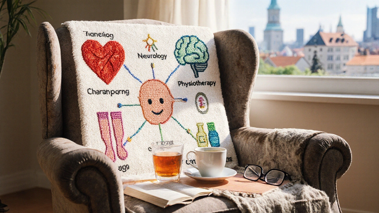 Ilustracja planu opieki geriatrycznej jako wzór z nicią, symbolizujący całościowe leczenie.