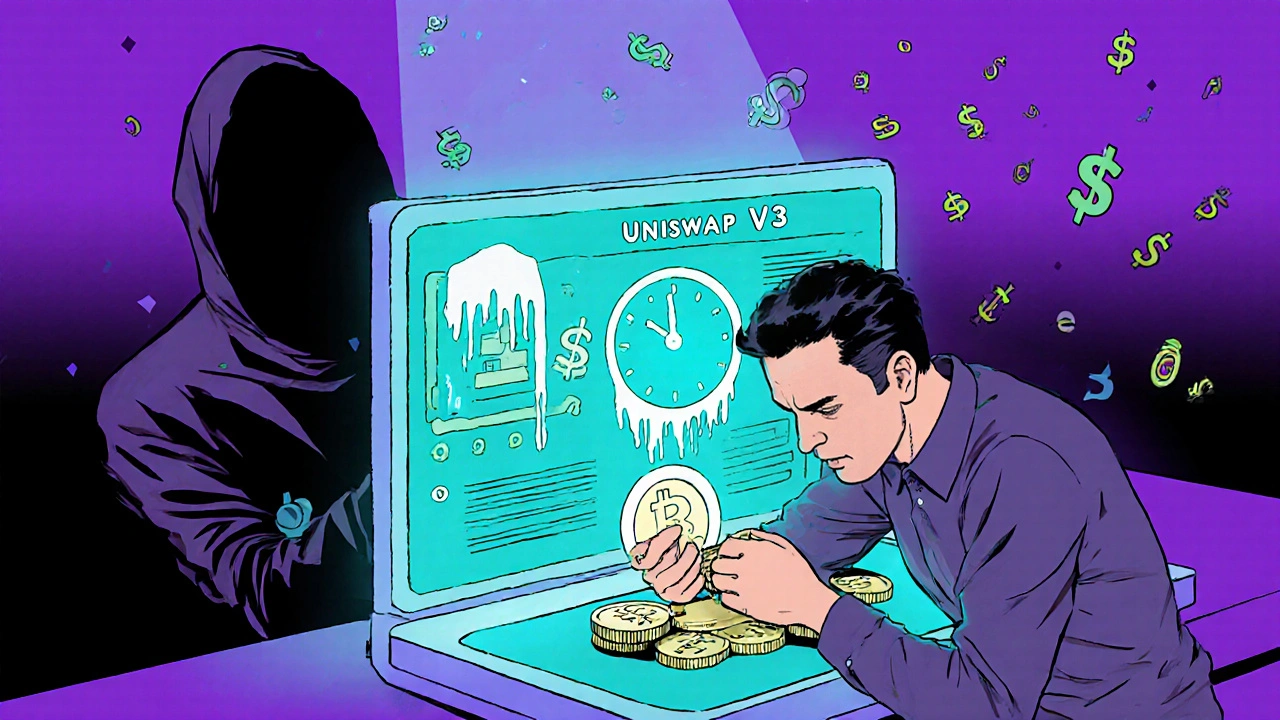 Inwestor wprowadza tokeny do puli płynności, podczas gdy cień impermanent loss zanika w tle.