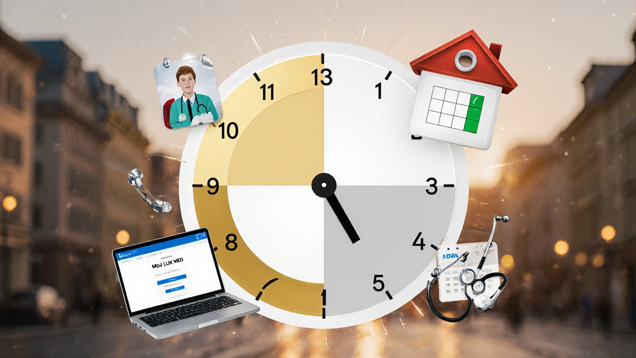 Kalendarz z zaznaczonymi optymalnymi godzinami dzwonienia do LUX MED i opcjami rezerwacji online.