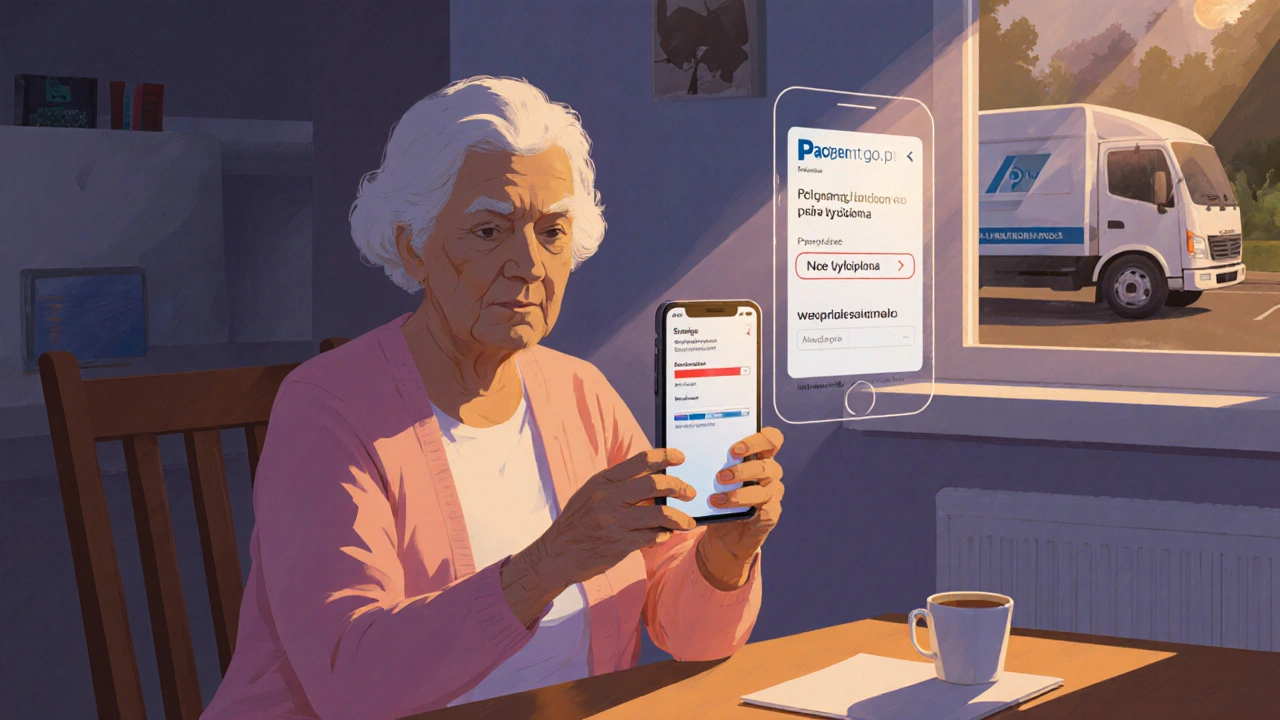 Kobieta w domu ogląda status e-recepty na telefonie, za oknem pojazd apteki.