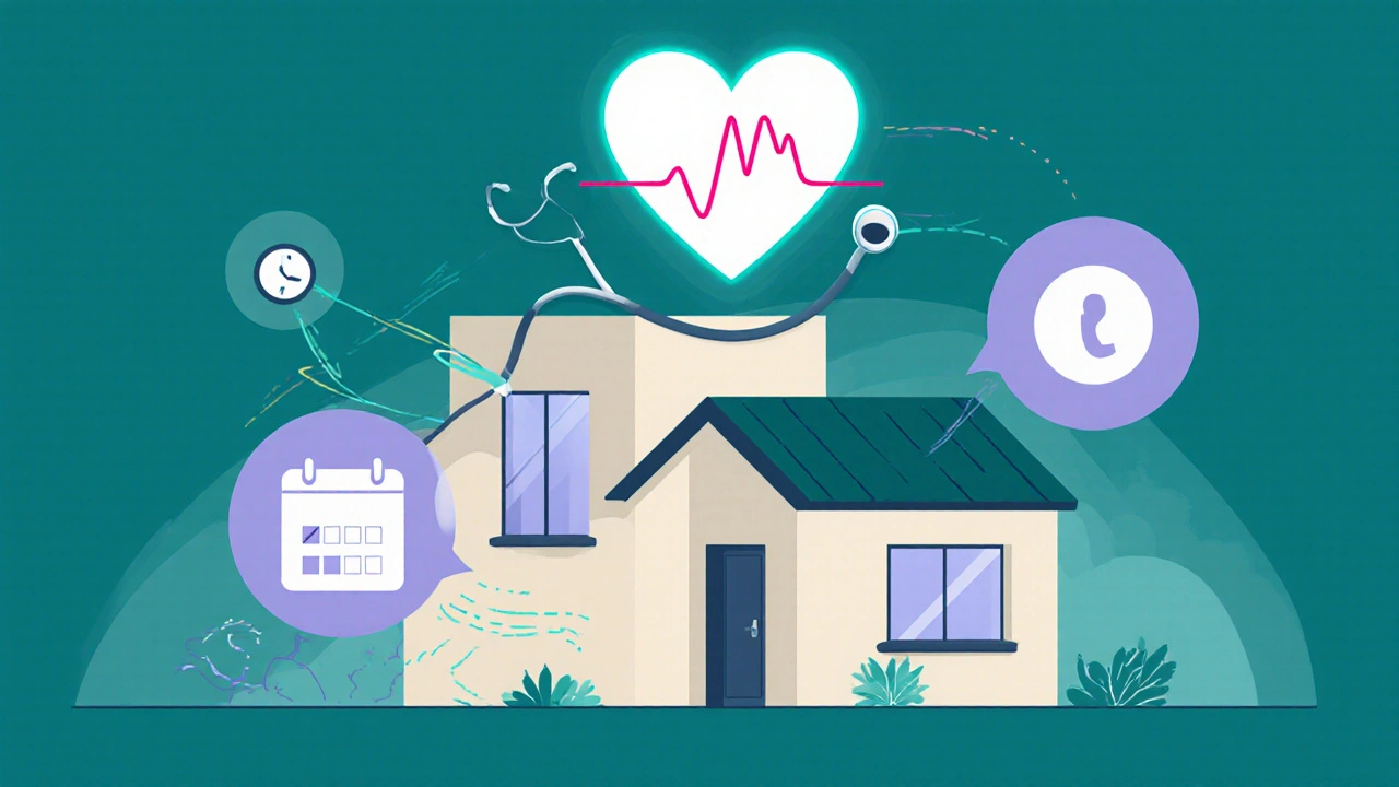 Koncepcyjna ilustracja domowej opieki medycznej z symbolem serca i ikonami medycznymi.