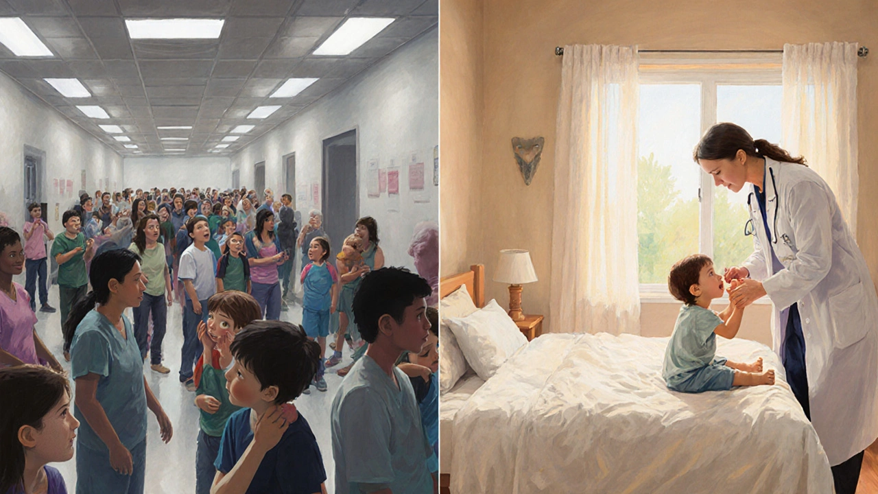 Kontrast: zatłoczona poradnia po lewej, spokojna wizyta domowa po prawej.