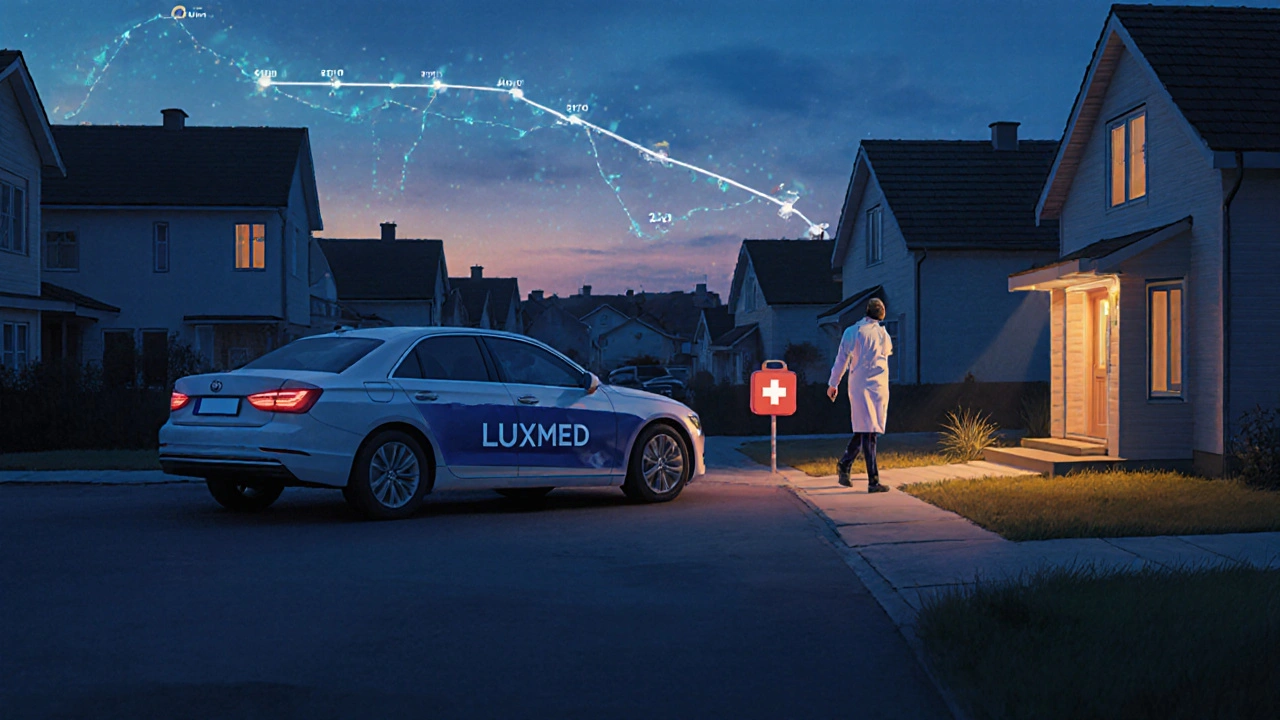 Lekarz Luxmed podchodzi do domu wieczorem, z torbą medyczną, samochód z logo Luxmed na parkingu, atmosfera spokoju i zaufania.