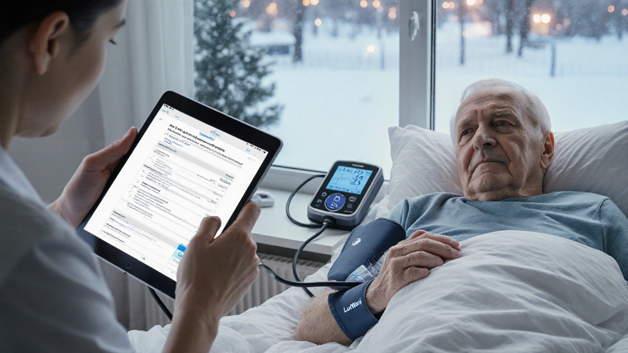 Lekarz mierzy ciśnienie pacjentce starszej w domu, przy użyciu urządzenia i tabletu z receptą.