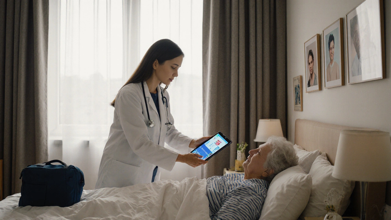 Lekarz odwiedza starszą pacjentkę w domu w Warszawie, korzystając z telemedycyny.