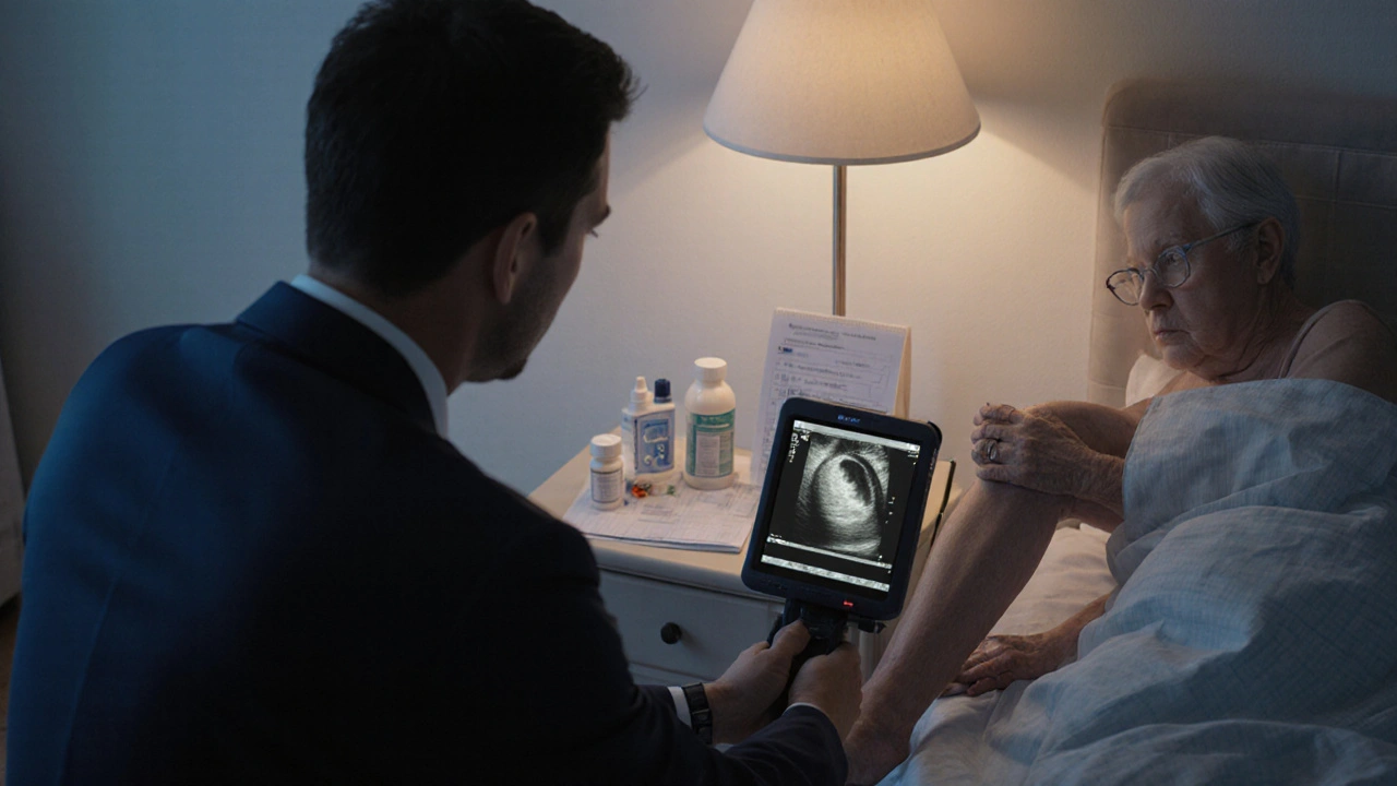 Lekarz sprawdza obrzęki u pacjenta w domowym otoczeniu, przyświetlony ciepłym światłem lampy nocnej.