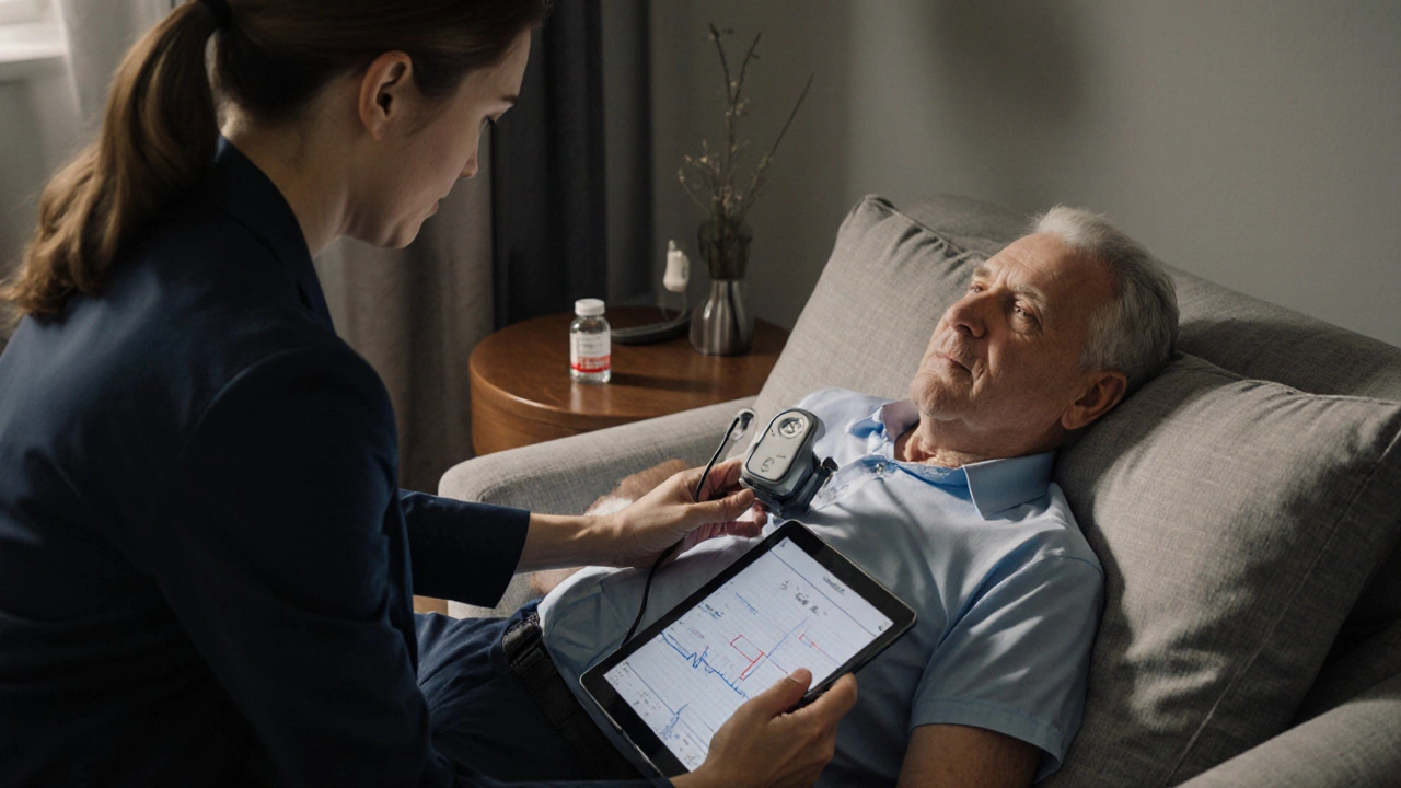 Lekarz wykonuje EKG pacjentowi w domu, przy użyciu przenośnego urządzenia.