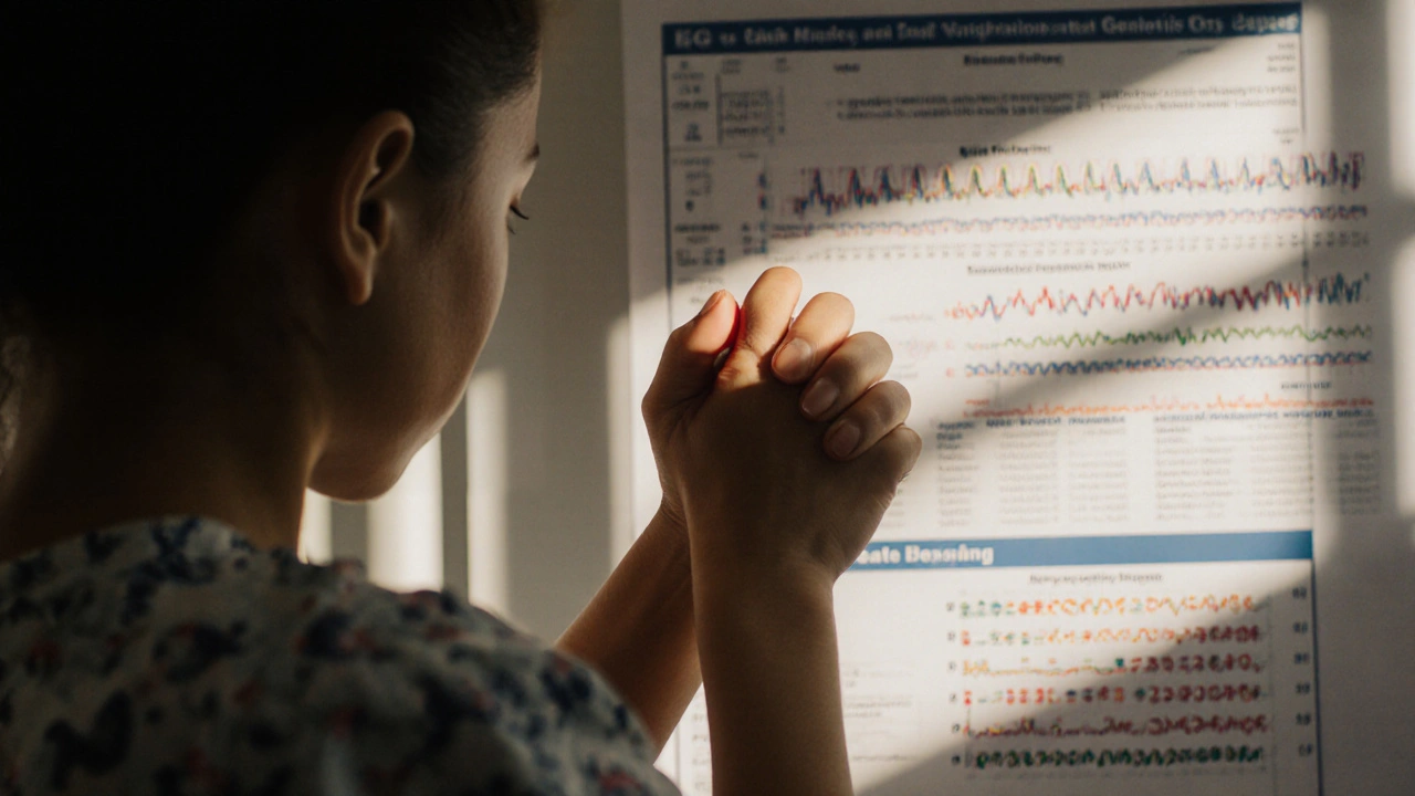 Matka trzyma rękę nie mówiącego dziecka w szpitalu, światło pada na ich dłonie.