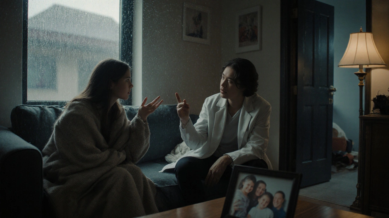 Młoda kobieta z lękiem siedzi na sofie, a psychiatra siedzi obok, oferując wsparcie.