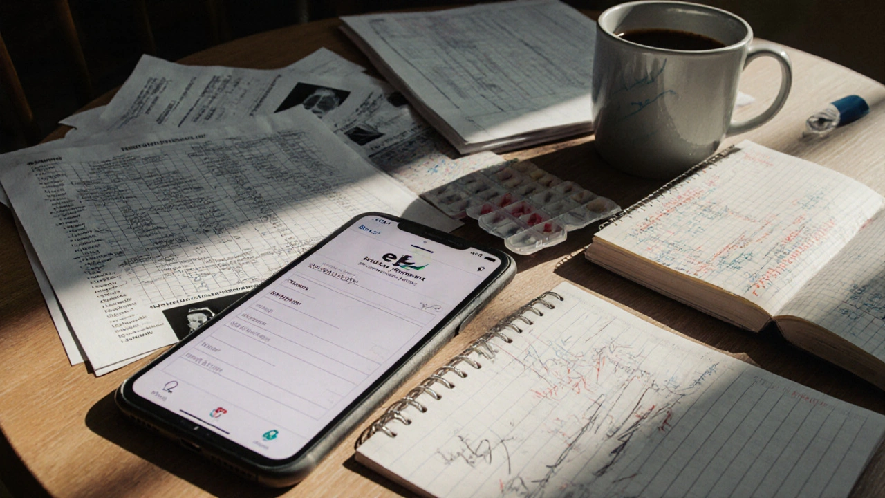 Na stole leżą dokumenty medyczne i pusta ekran eKZ, symbolizujące brak połączenia danych.