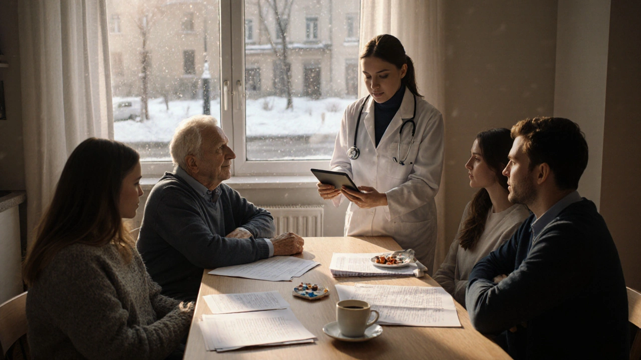 Neurolog przedstawia rodzinie plan opieki na tabletcie, podczas gdy poza oknem widać zimowy krajobraz Warszawy.
