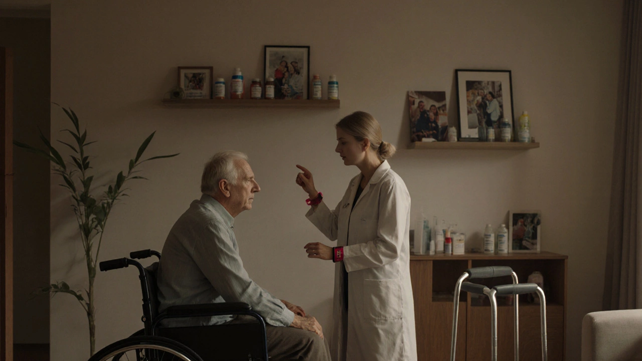 Neurolog testuje koordynację pacjenta z chorobą Parkinsona w domowym otoczeniu, z widocznymi pomocy ruchowymi.