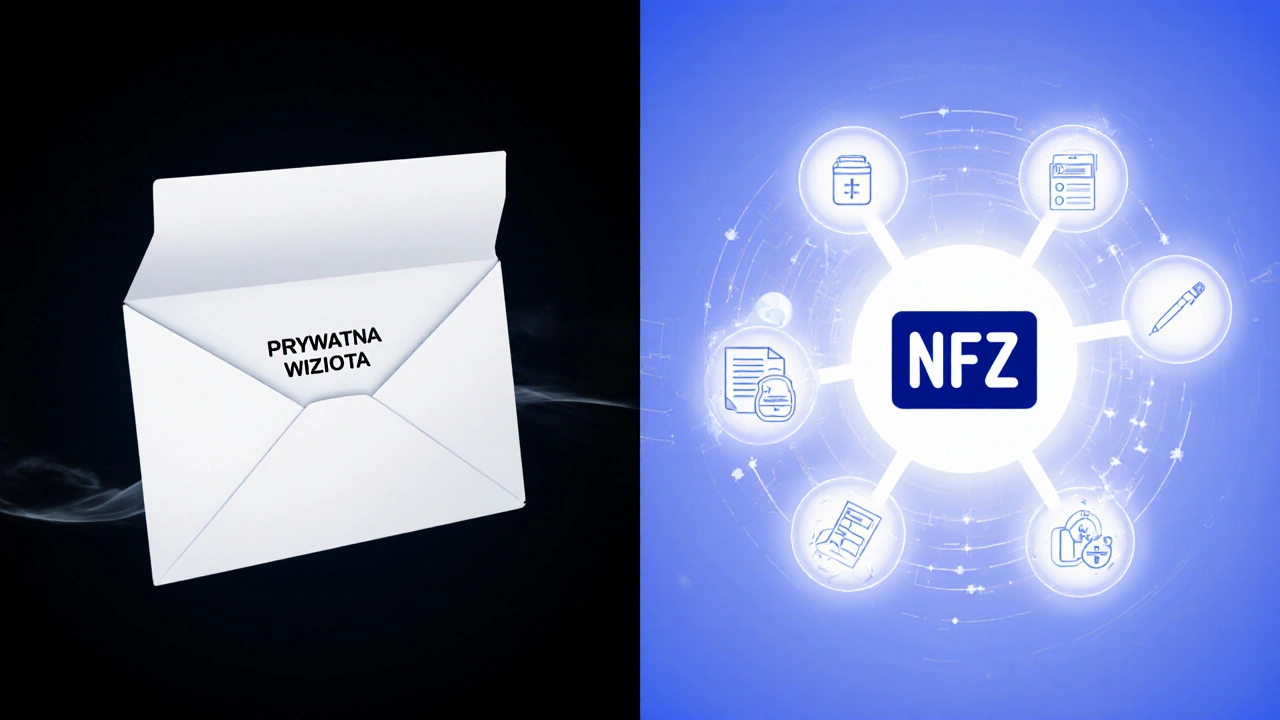 Oddzielone ścieżki: prywatna wizyta w cieniu i system NFZ w świetle — bez połączenia między nimi.