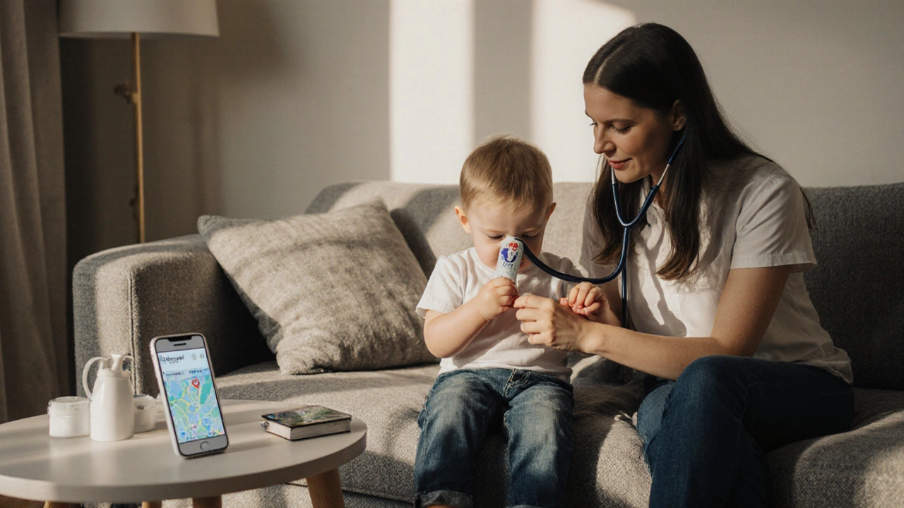 Pediatra bada dziecko z gorączką na sofie w mieszkaniu, matka trzyma jego rękę, w tle telefon z aplikacją Luxmed.
