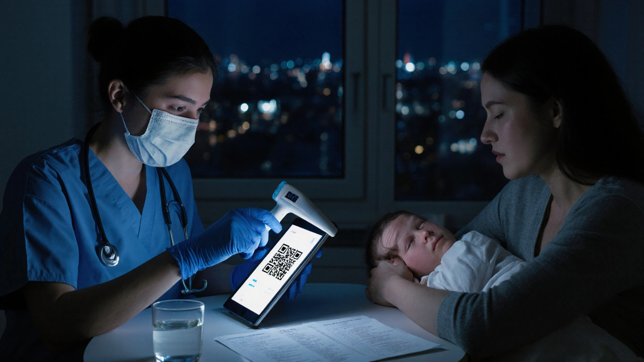 Pediatra w nocy skanuje kod QR w domowym otoczeniu, dziecko śpi w ramionach matki.