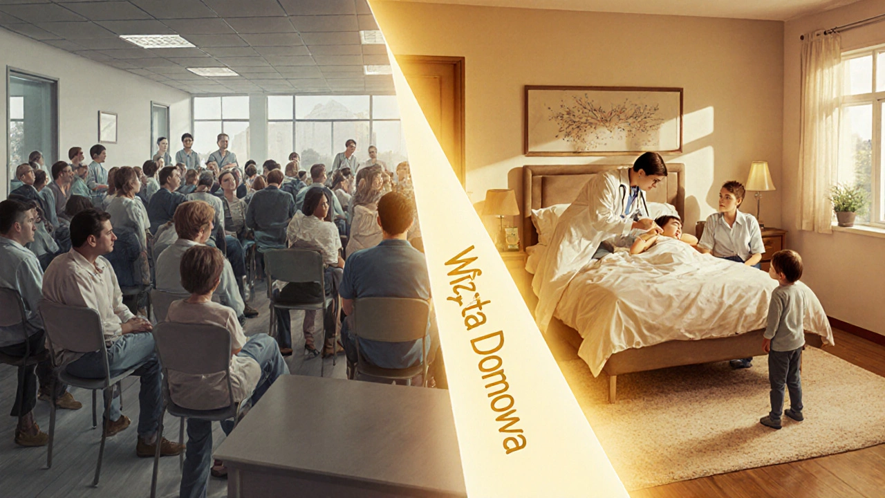 Porównanie zatłoczonej przyjęcia w klinice i spokojnej wizyty domowej.