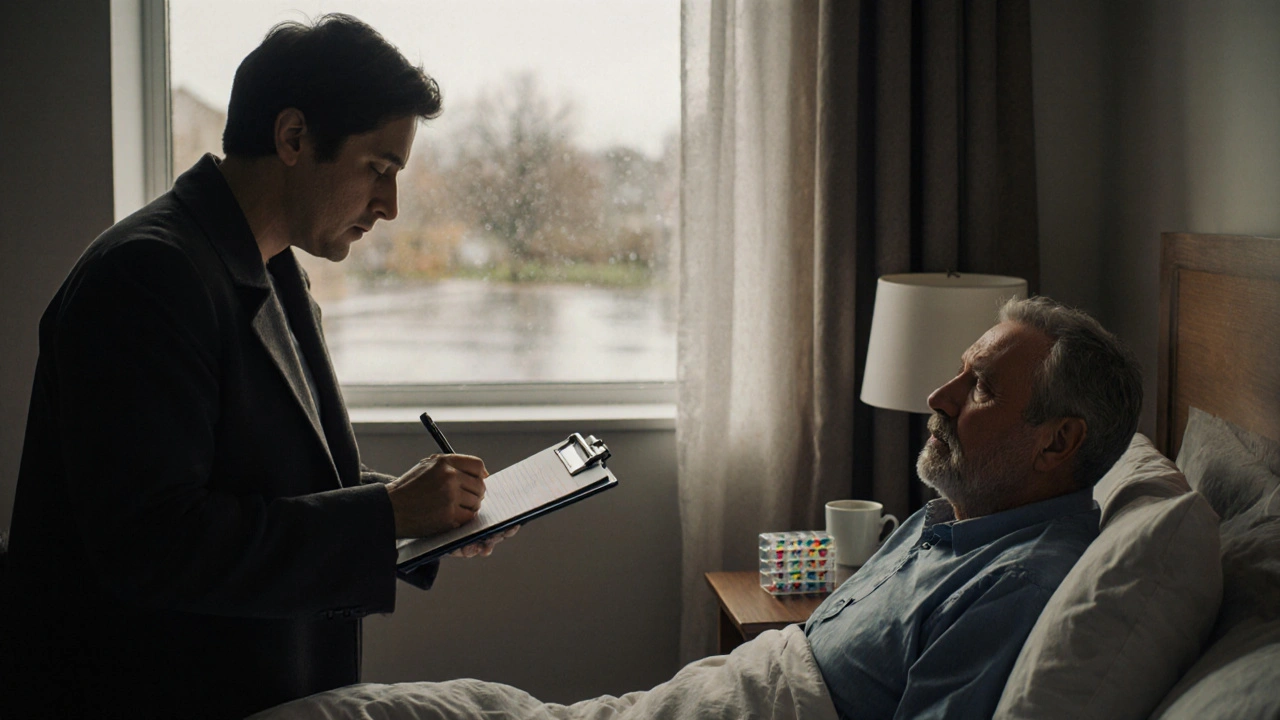 Psychiatra notuje dane, gdy mężczyzna siedzi w łóżku w swoim pokoju, widoczne leki i kubek kawy.