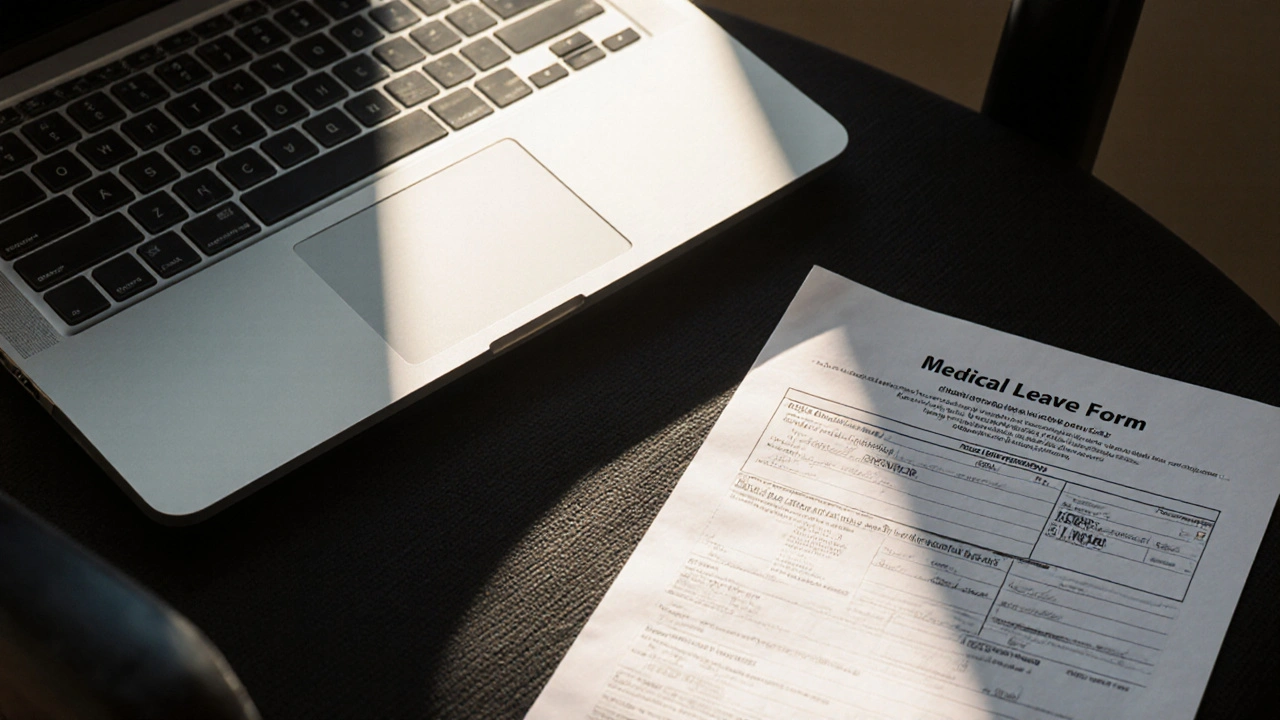 Pusty krzesło w biurze z dokumentem zwolnienia, światło naturalne, kod diagnozy zasłonięty cieniem.