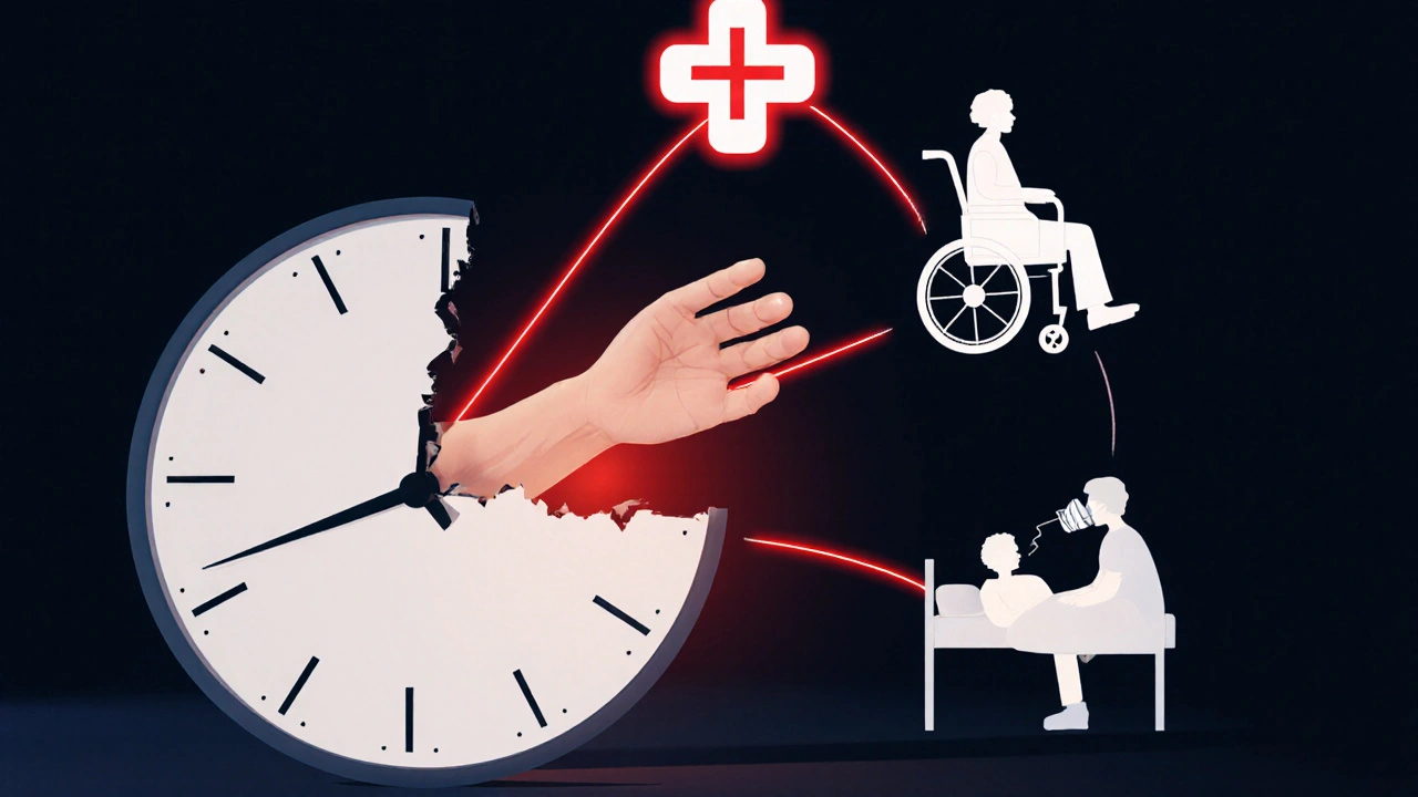 Ręka sięga przez złamany zegar, symbolizując pilną potrzebę opieki medycznej.