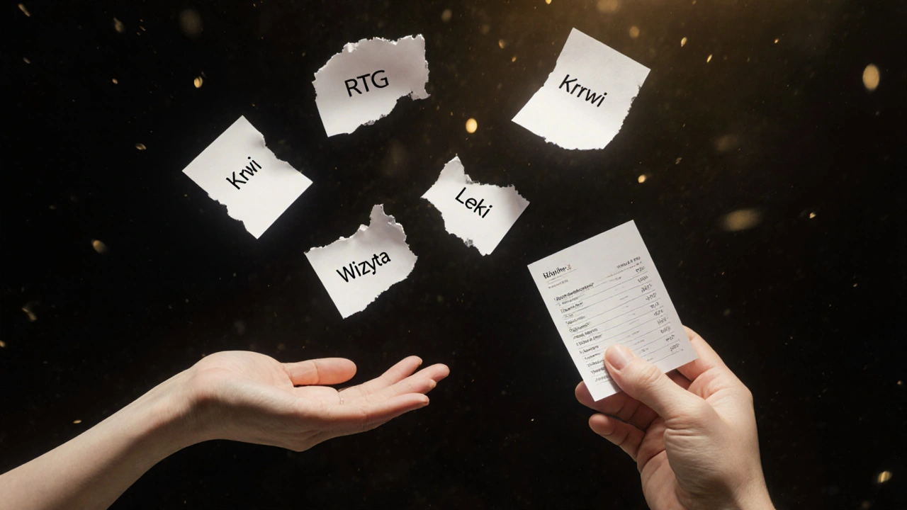 Rozproszone fragmenty danych medycznych unoszą się w powietrzu, a jedna ręka próbuje je zebrać.