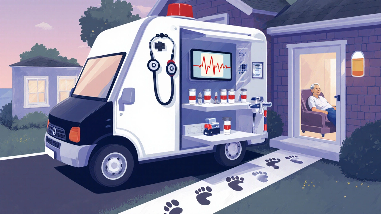 Samochód lekarza z otwartymi drzwiami, zawierający sprzęt medyczny, zaparkowany przy domu z pacjentem w oknie.