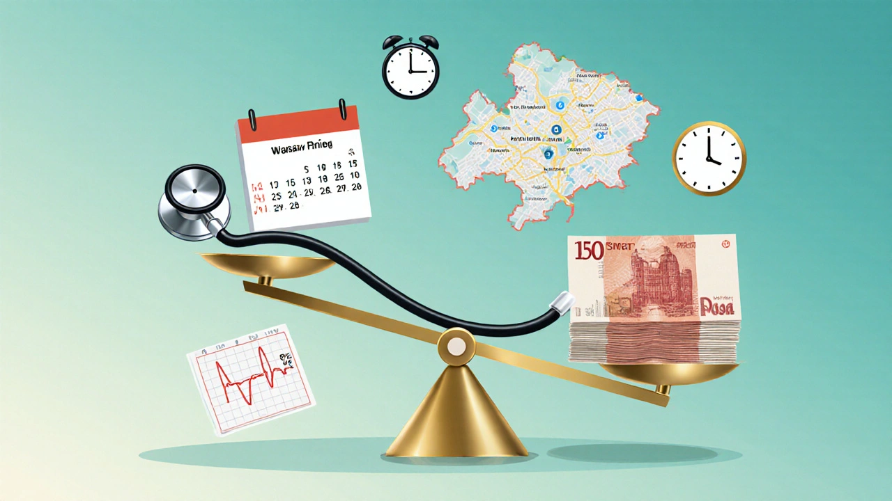 Skala cen wizyt lekarza domowego z symbolami czasu, miejsca i usług.