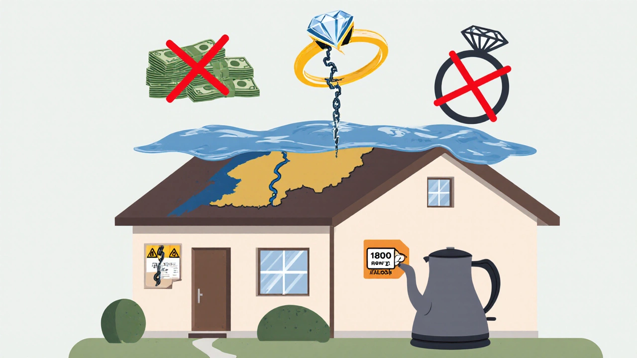 Symboliczna ilustracja wykluczeń ubezpieczenia domu: gotówka, biżuteria, powódź i koszty naprawy.