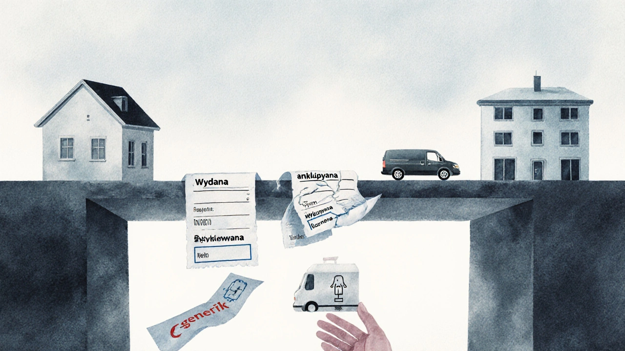 Symboliczny most z receptami, jedna z nich uszkodzona, obok pomoc z lekiem i dostawą.