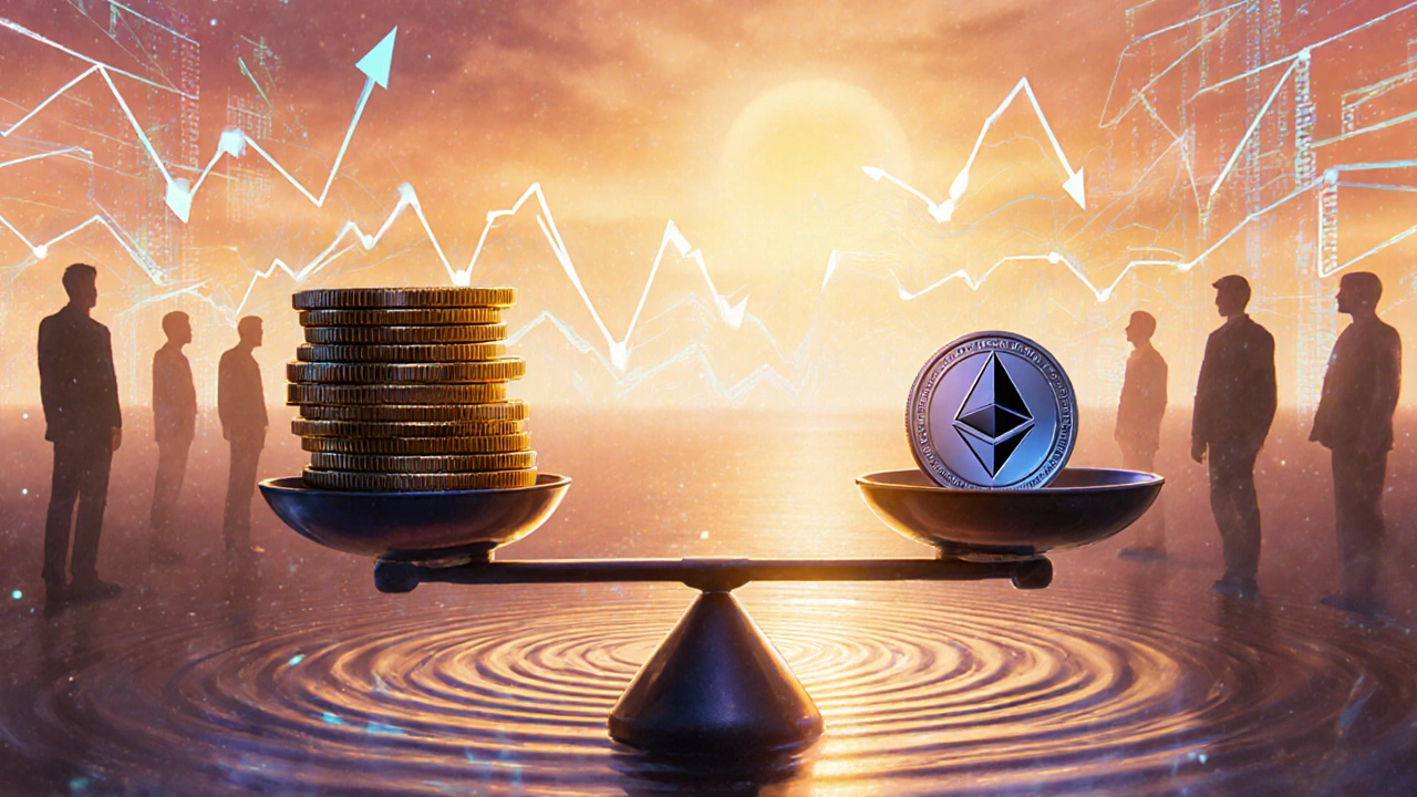 Waga równowagi z USDC i ETH, która się przechyla, a w tle pojawiają się fale zmienności cenowej.