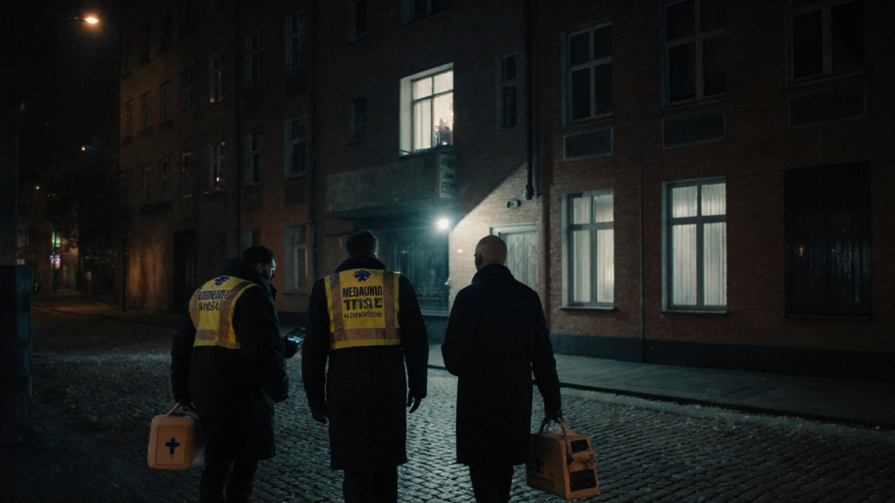 Zespół kryzysowy podchodzi do domu w Warszawie w nocy, aby pomóc osobie w stanie psychicznym.