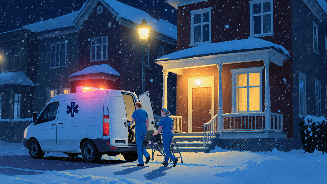 Zespół medyczny przyjeżdża wieczorem do domu w Warszawie, pod światłem latarni.