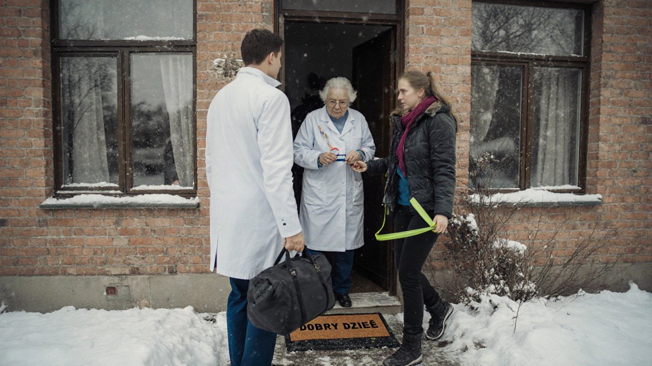 Zespół opieki domowej przychodzi do domu seniora w Warszawie, rodzina otwiera drzwi.