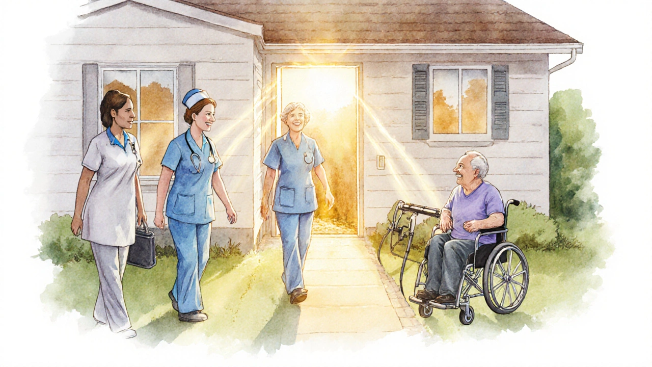 Zespół opieki domowej wchodzi do domu pacjenta, symbolizując bezpłatną opiekę zdrowotną.