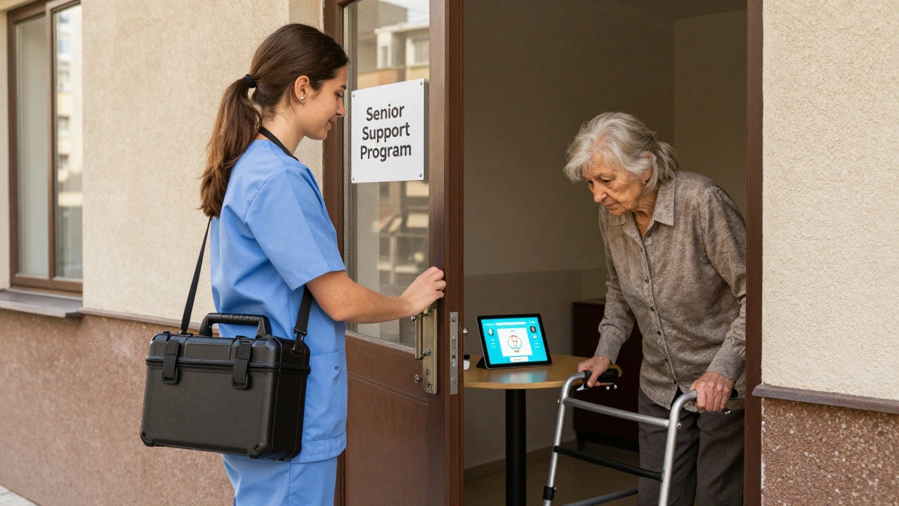 Asystent medyczny stuka do drzwi starszej kobiety, która czeka z kijem, obok tablet z telewizyjną konsultacją.
