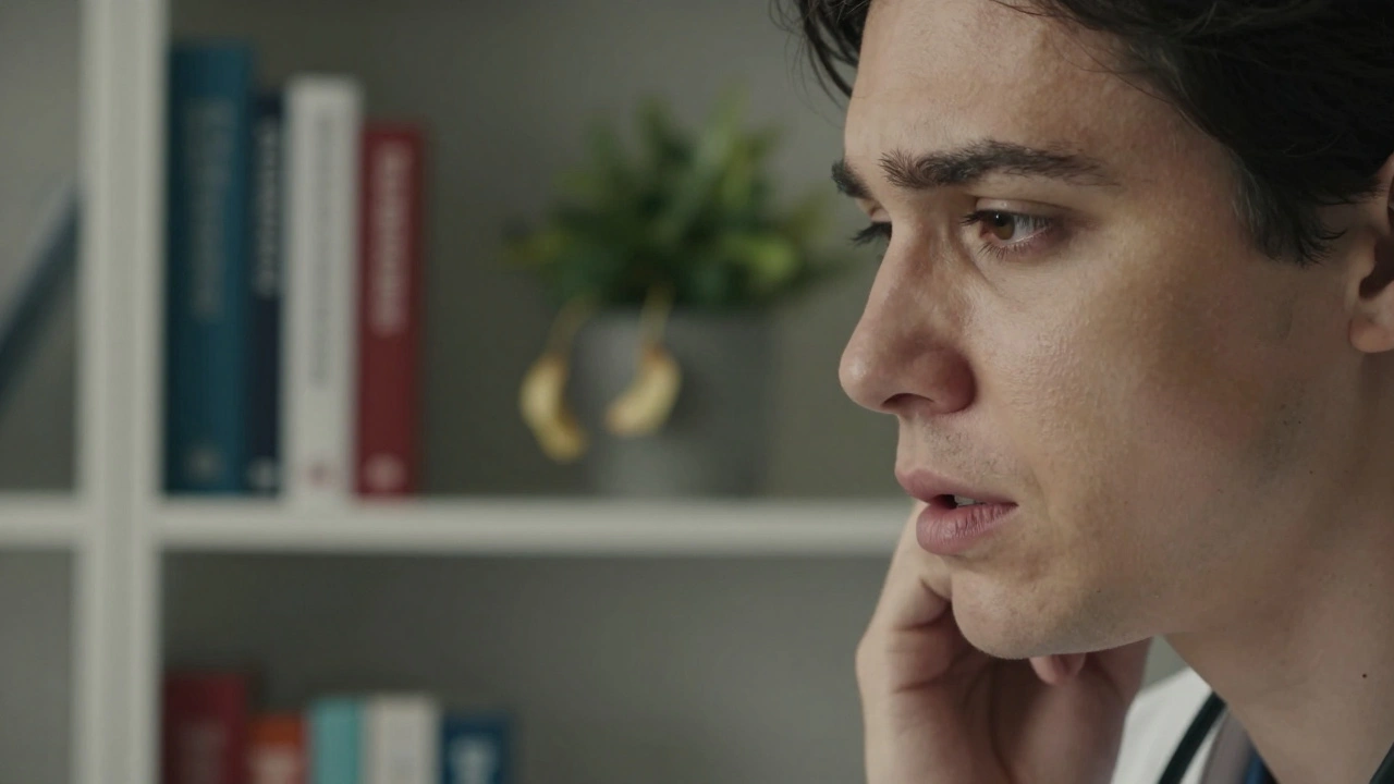 Bliski plan twarzy psychiatry, skupionej na mikrowyrażeniach pacjenta, który unika spojrzenia, w cichej, napiętej atmosferze.