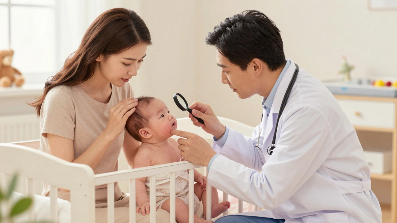 Dermatolog badający wysypkę u niemowlęcia w sypialni, matka obserwuje z troską.