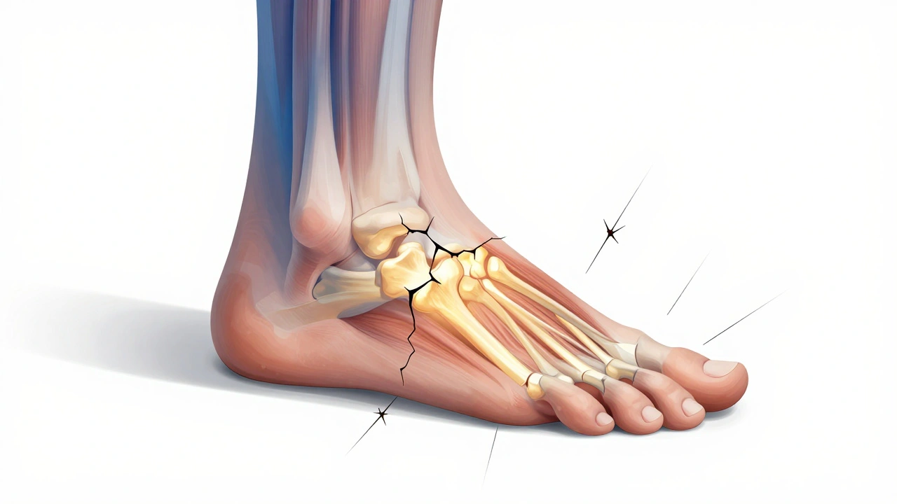 Ilustracja stopy z oznakami zmęczenia mięśni i mikropęknięć w kościach.
